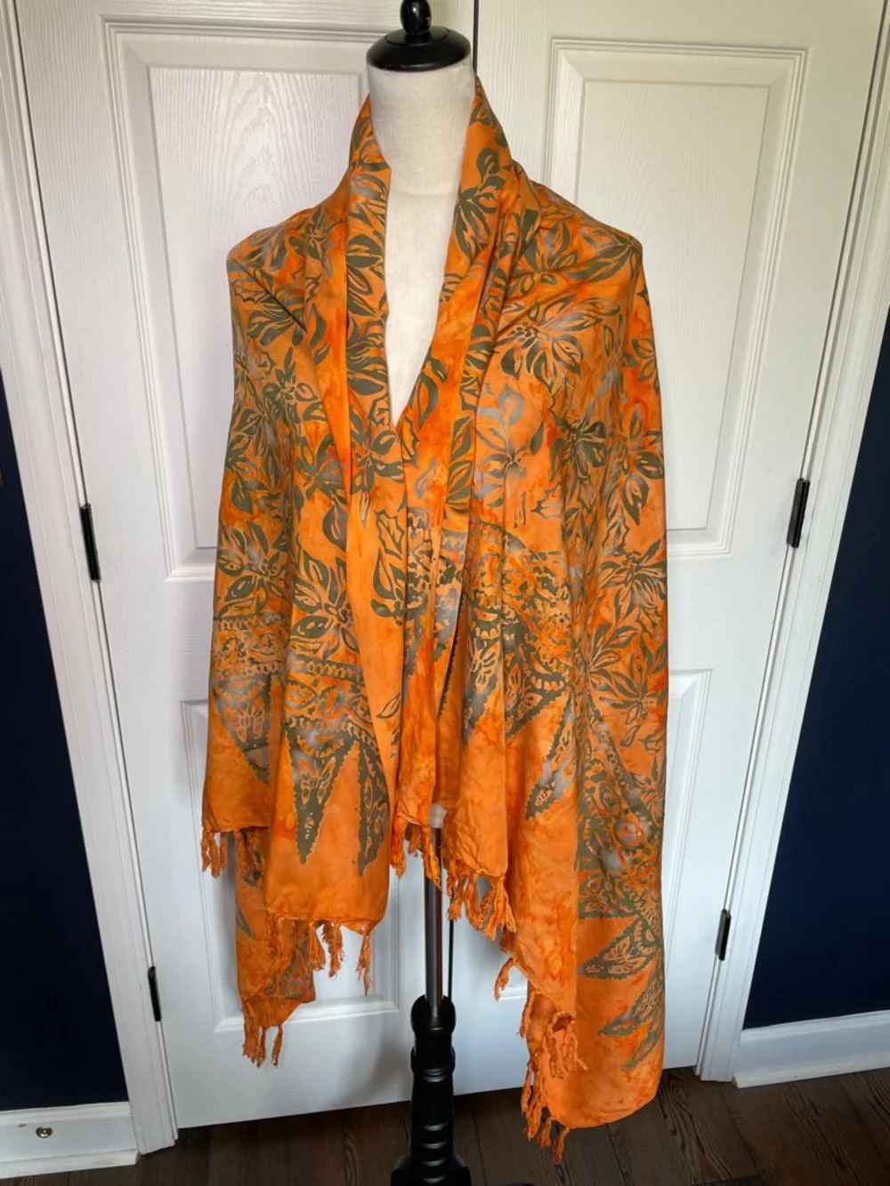 Vibrant Orange Floral Wrap Scarf Tasseled Batik Style‎ One Size